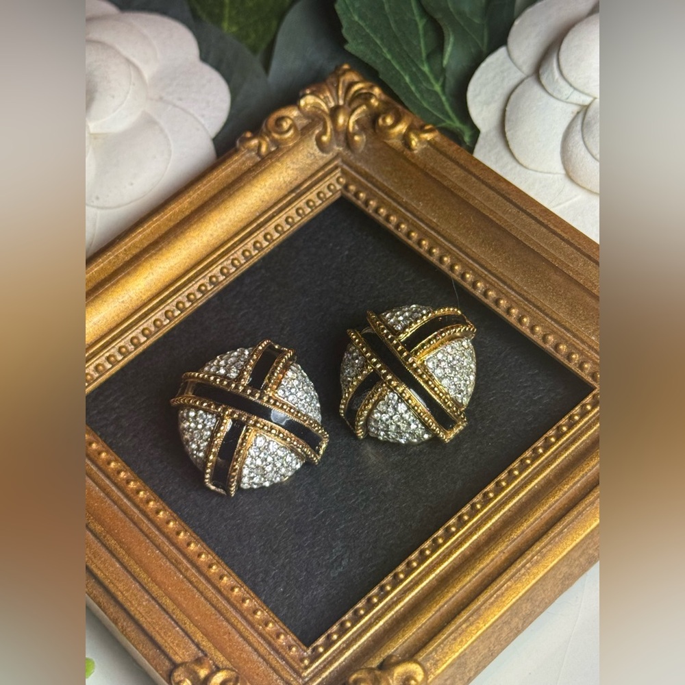 Elegant Gold-tone Clip on Earrings With Black Enamel X And Crystals - Picture 3 of 16